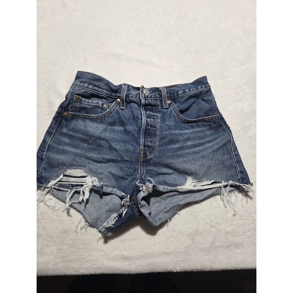 Levis 501 Shorts Womens Size 26 Waist Blue Denim Distressed  Button Fly Cotton - Picture 1 of 11